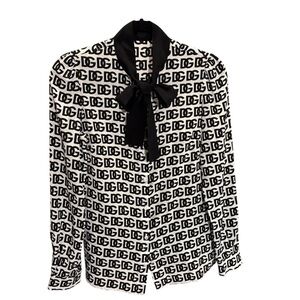 Dolce & Gabbana Silk Logo Neck Tie Long Sleeve Blouse Size Small IT 38